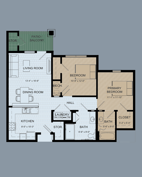 Floor plan for 2 beds, 2 baths, 957 sqft